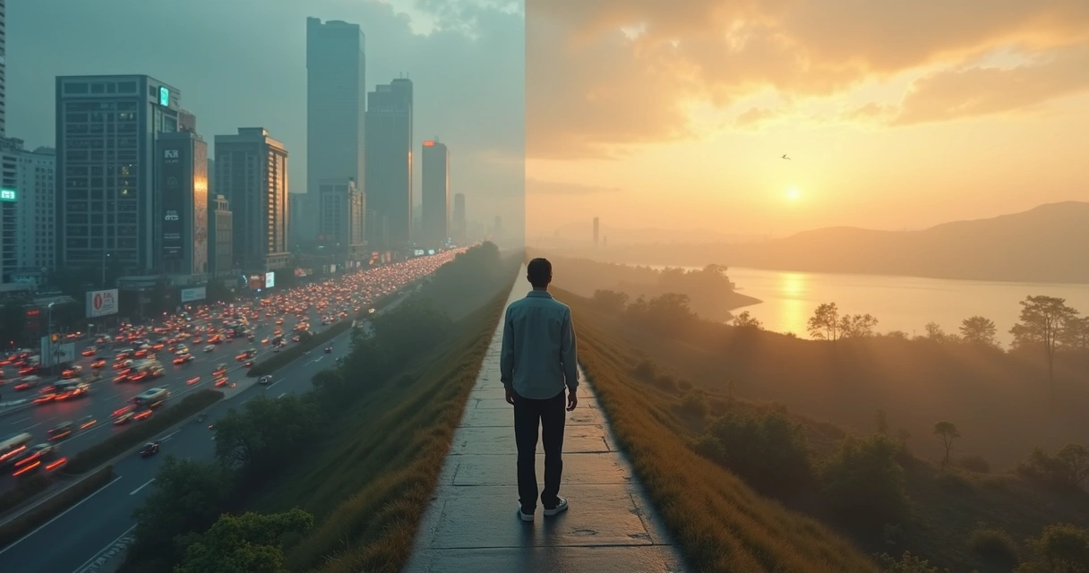 Person standing at a crossroads between chaotic city and calm nature landscape 