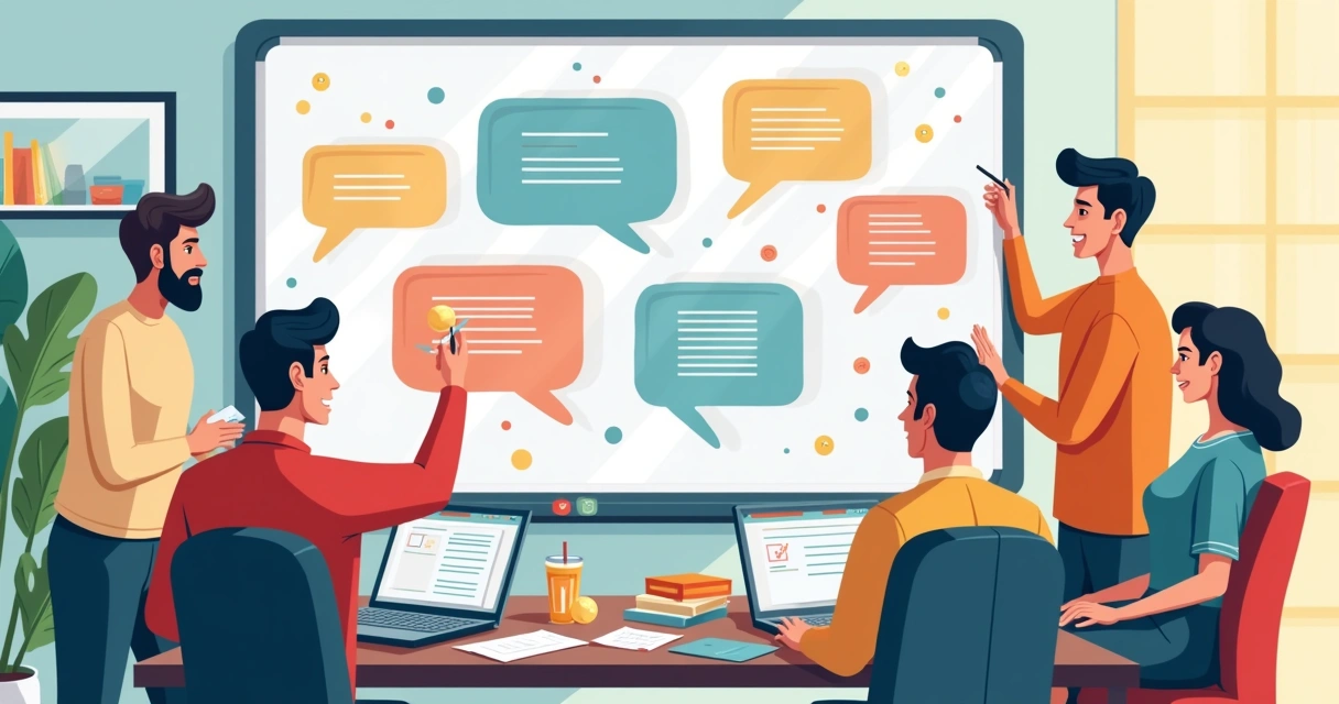 Time criativo escolhendo tom de voz da marca com balões e ícones de fala 