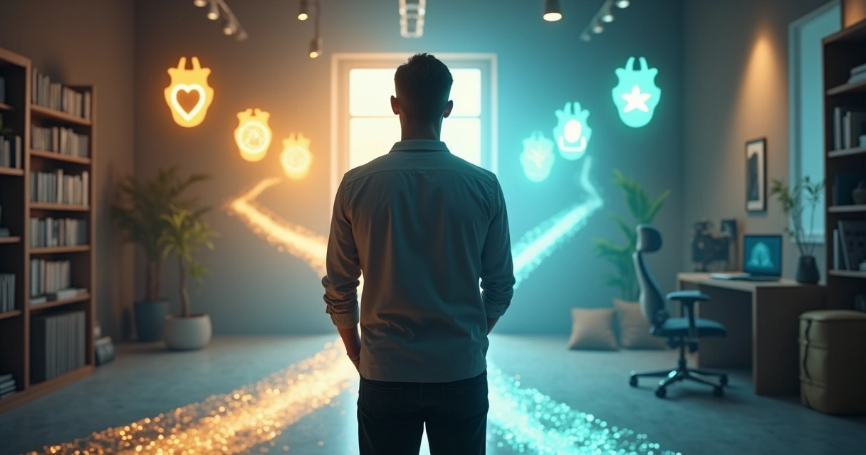 Man choosing between branching paths representing different values and personality patterns 