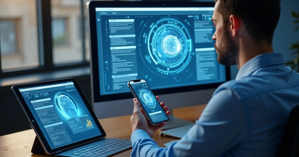 Ilustração de IA customizando abordagem para diferentes leads em dispositivos variados. 