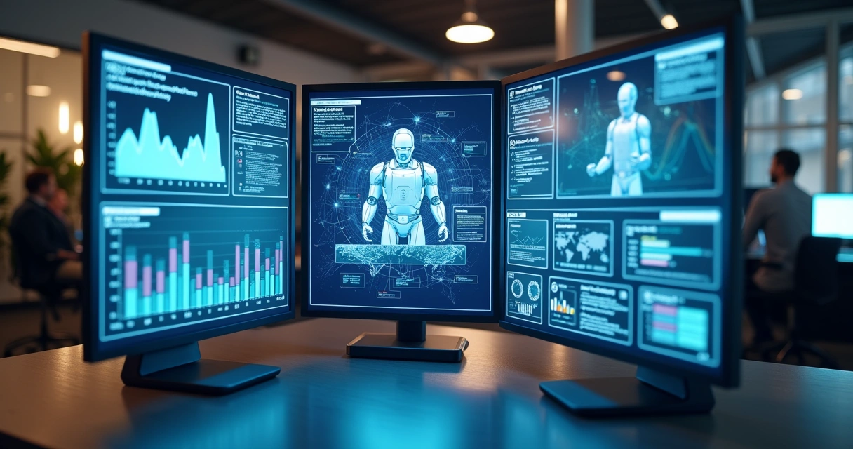 Agentes de IA personalizados para diferentes setores exibidos em telas digitais variadas com interface moderna e colorida 