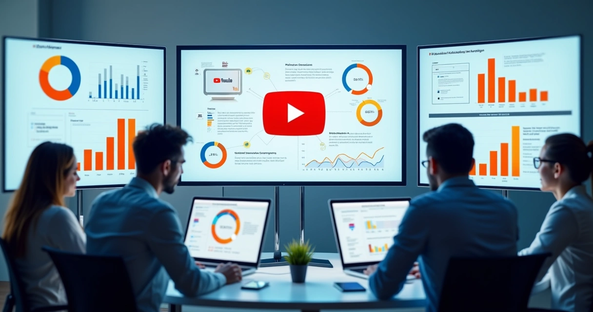 Equipe de marketing analisando dados de campanhas no YouTube em telas grandes 