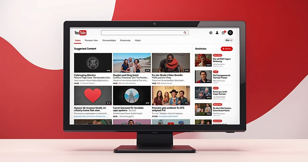 Ilustração de tela do YouTube com recomendações personalizadas e anúncios dirigidos. 