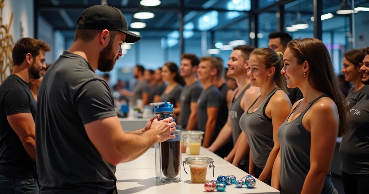 Personalização ao vivo de coqueteleira em evento fitness 