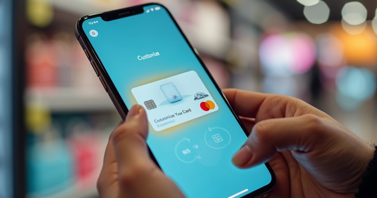 Tela de app mostrando personalização de cartão na loja. 