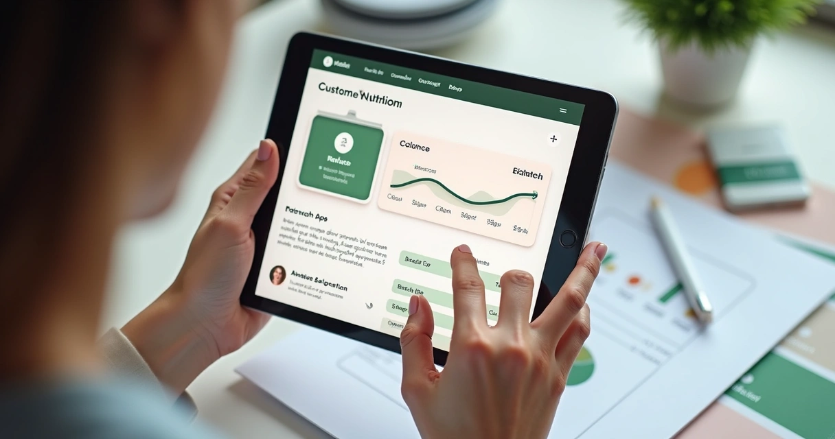 Nutricionista personalizando um aplicativo em tablet 