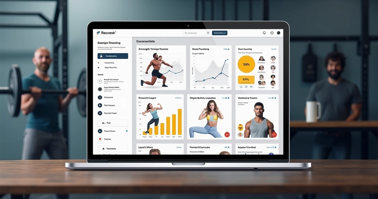 Tela de aplicativo de treino mostrando gráficos de evolução e diferentes tipos de exercício 