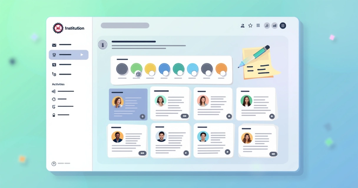 Painel personalizado com cores e logotipo da escola. 