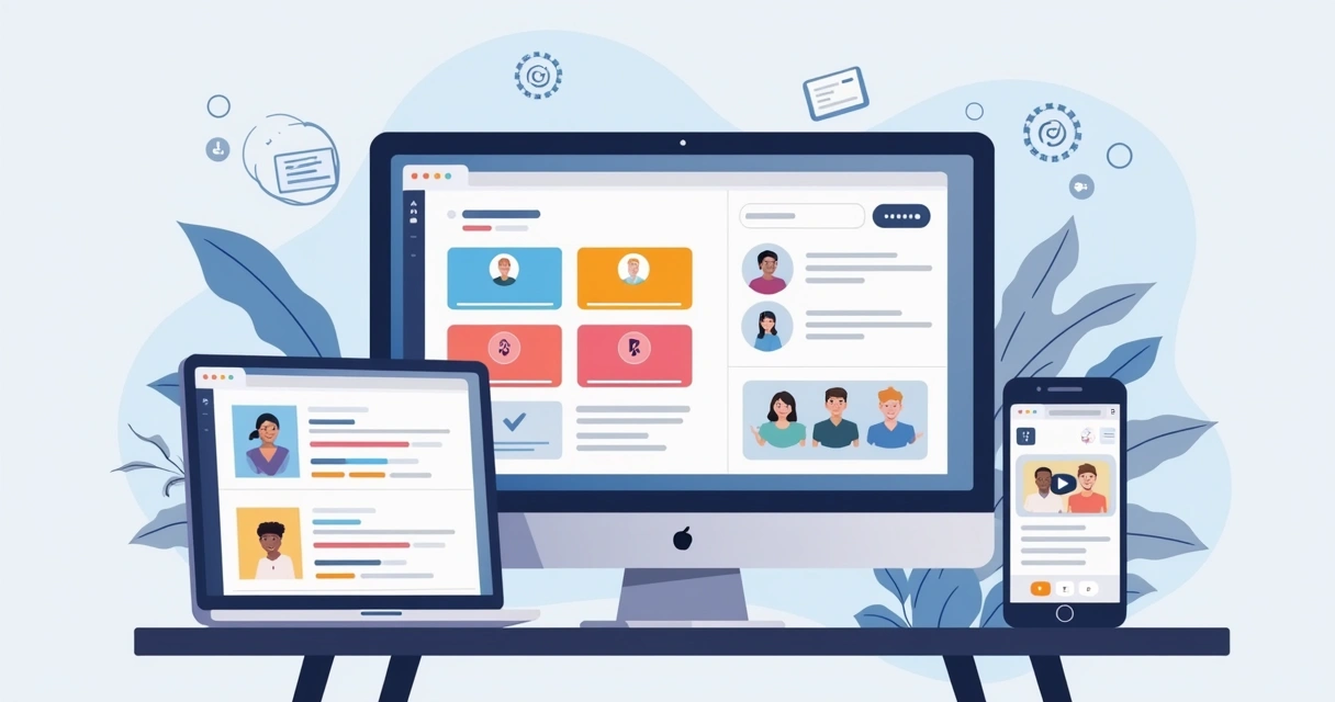 Ilustração de uma área de membros personalizada no computador, tablets e celulares, ícones de vídeos, questionários e progresso do aluno 