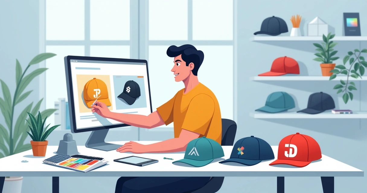 Designer aplicando logotipo em bonés personalizados para empresa 