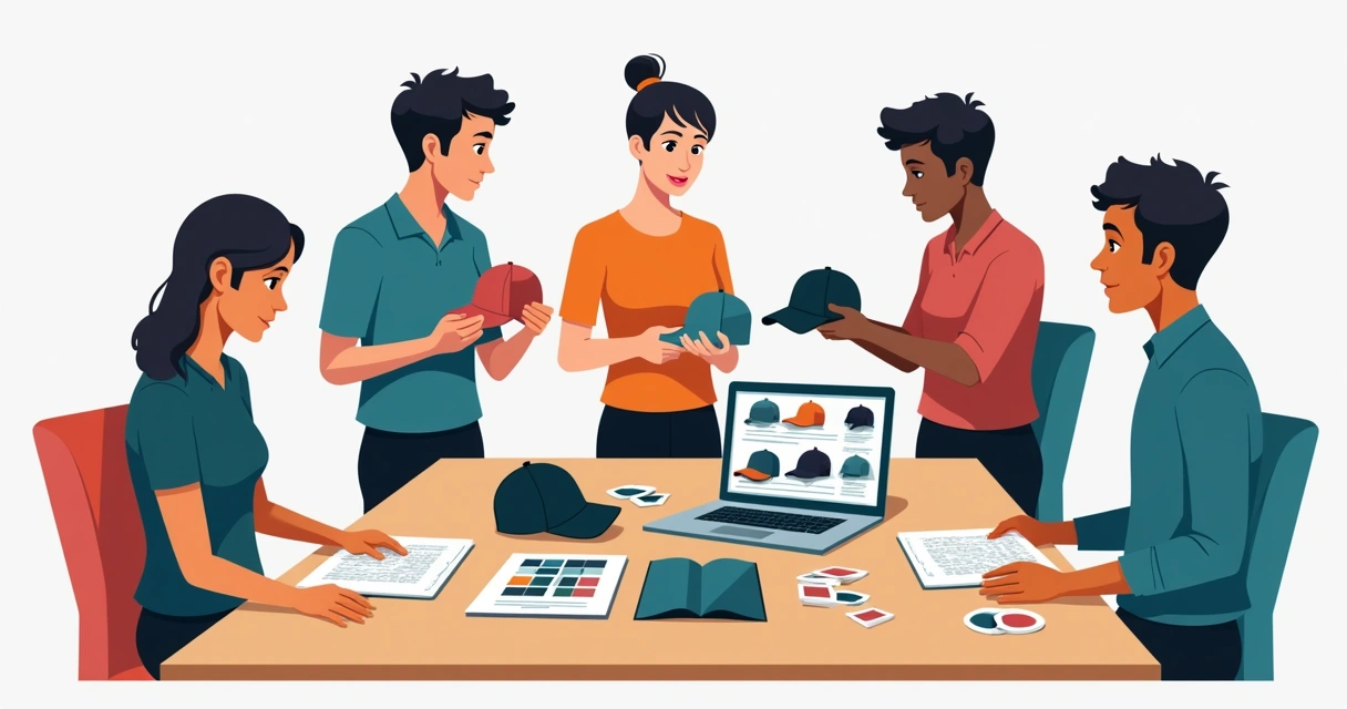 Equipe discutindo personalização de bonés com papeis de arte 