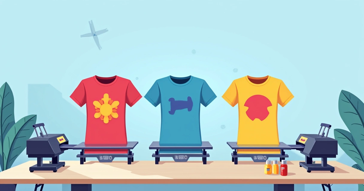 Estação de trabalho com camisetas sendo personalizadas e tinta colorida sobre a mesa. 