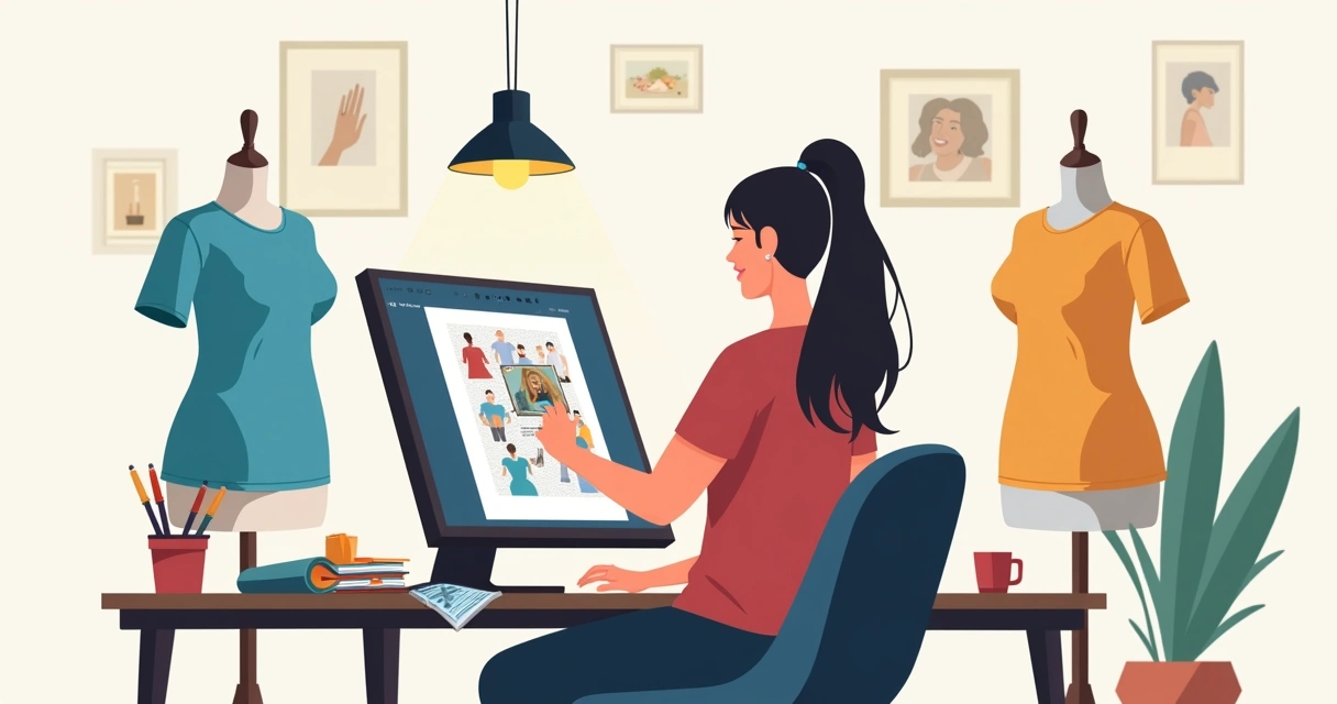 Designer criando arte para camiseta plus size ao lado de amostras de tecido 