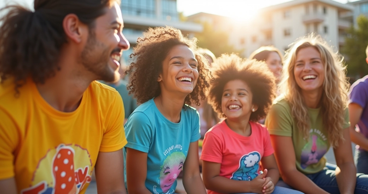 Grupo de pessoas usando camisetas personalizadas de diferentes cores em reunião descontraída 
