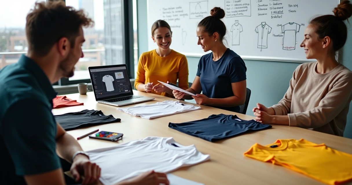 Equipe em escritório analisando camisetas personalizadas de empresa sobre mesa 