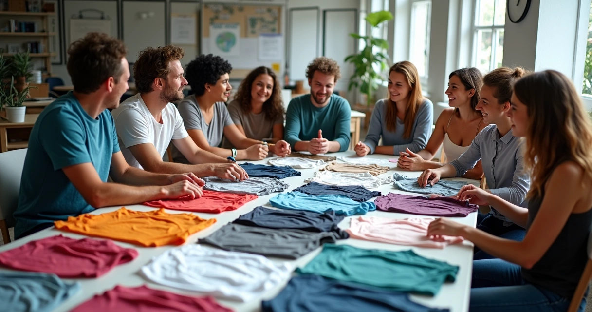 Equipe escolhendo camisetas personalizadas em diferentes tecidos e cores, com logos e bolsos expostos na mesa. 