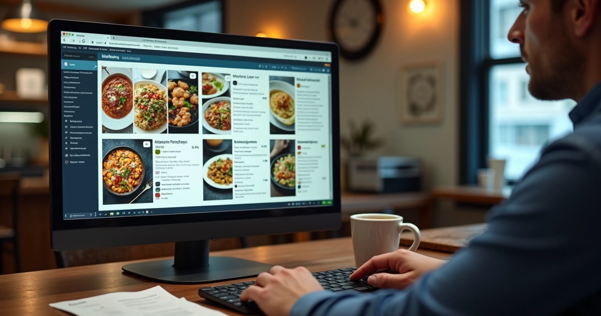 Gestor personalizando cardápio digital no computador, tela com fotos de pratos e descrições 