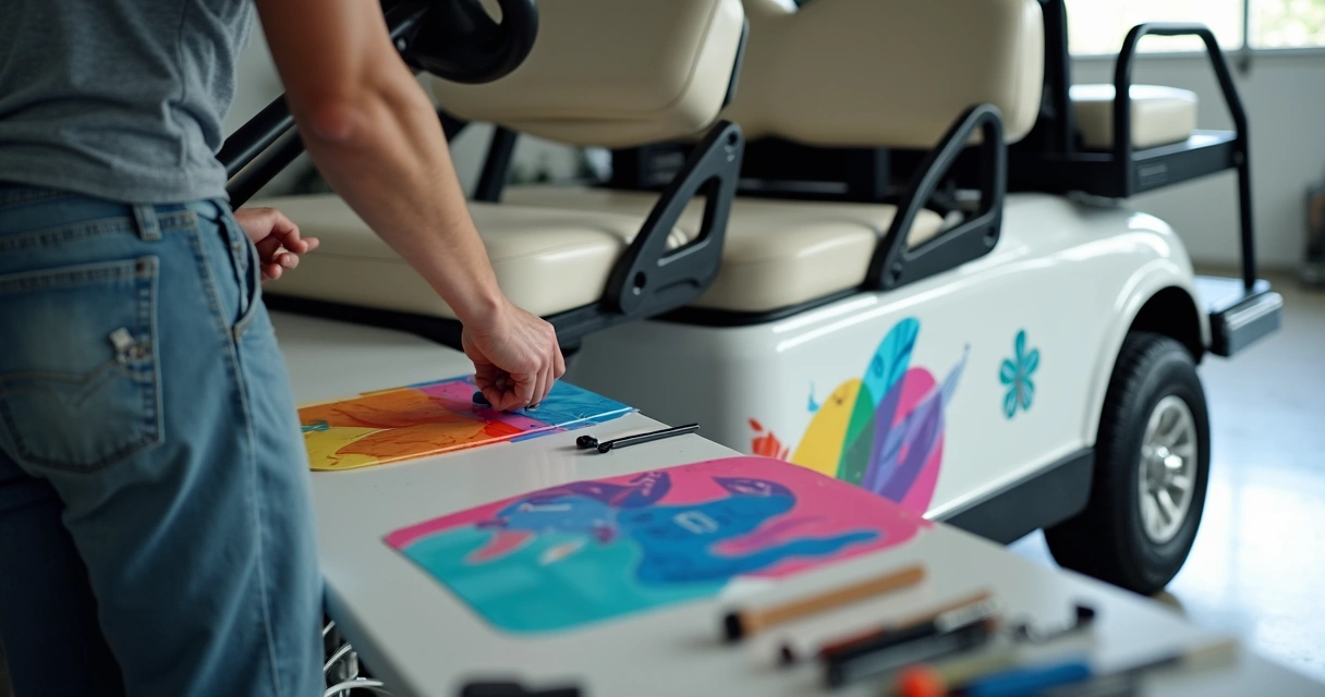 Carrinho de golfe sendo personalizado com adesivo colorido 