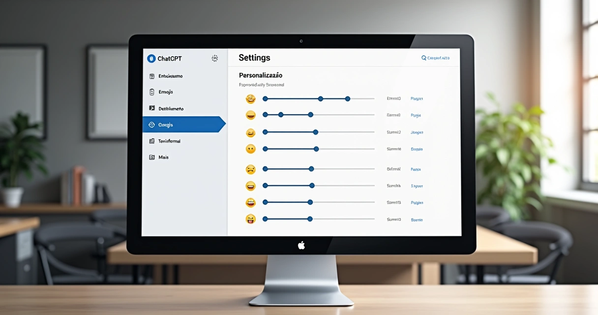 Configuração da aba Personalização do ChatGPT com ajustes de entusiasmo, emojis, detalhamento e tom informal