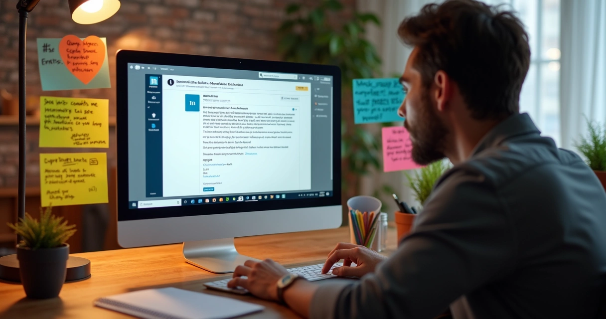 Pessoa customizando mensagem de resposta na tela do LinkedIn 