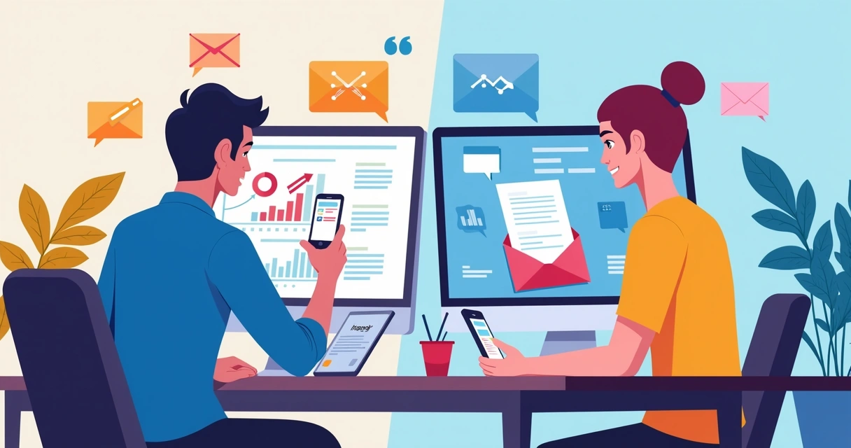 Profissional enviando comunicação segmentada a clientes em tela dividida 