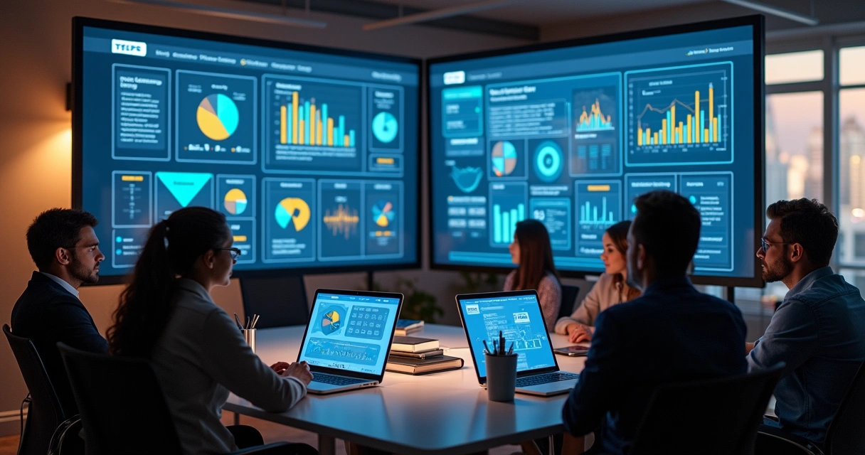 Equipe de marketing analisando dados e ajustando conteúdo em grandes telas 