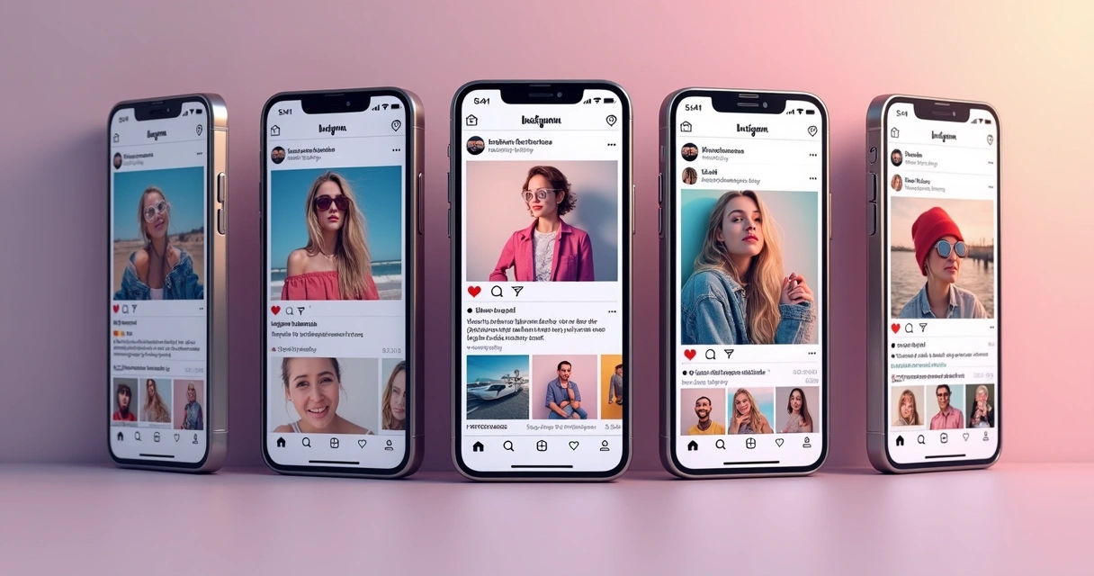Várias telas de smartphones mostrando feeds diferentes do Instagram 