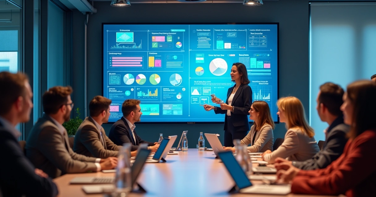 Equipe diversa em sala, interagindo com assistente digital em tela central 