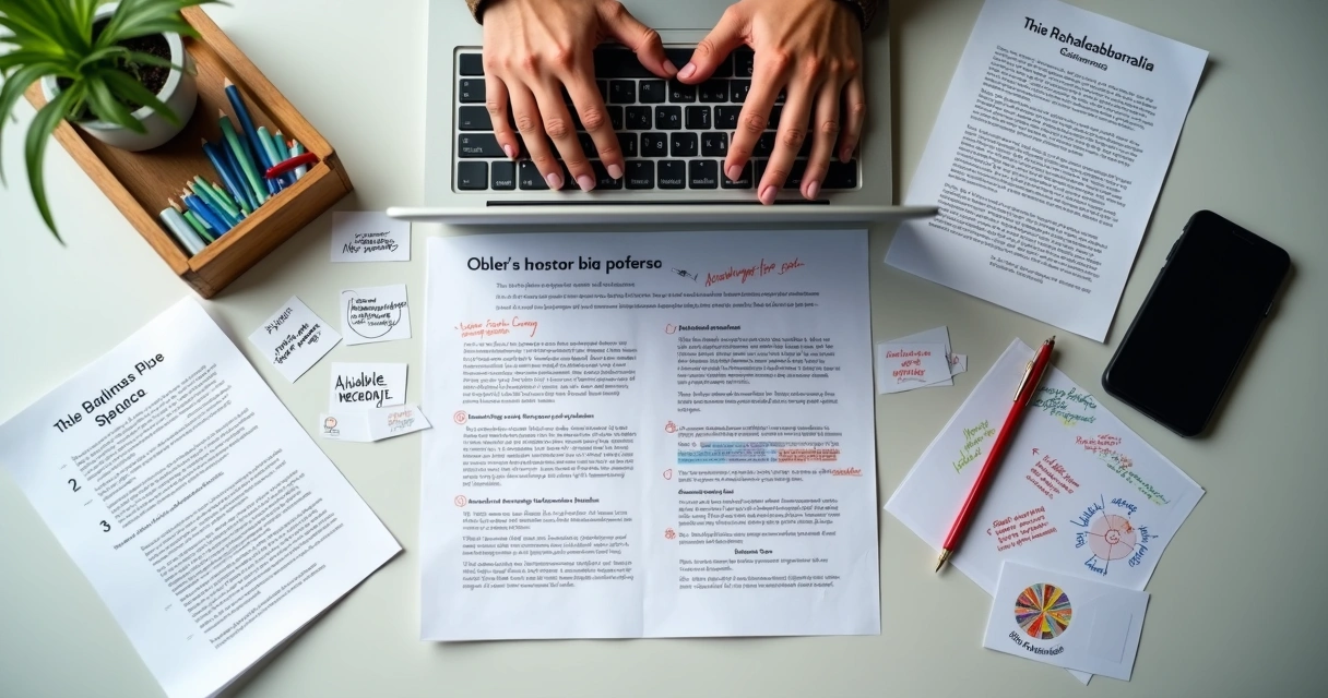 Pessoa digitando mensagem personalizada em laptop rodeado de folhas com ideias rabiscadas 