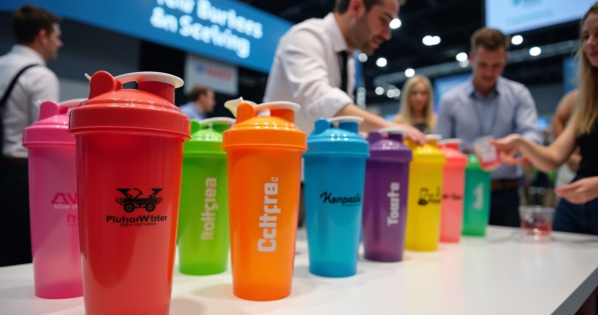 Mesa com coqueteleiras personalizadas coloridas lado a lado