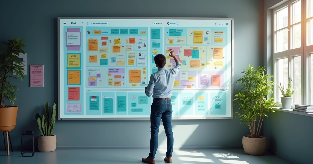 Empresário customizando painel de CRM com colunas coloridas e post-its. 