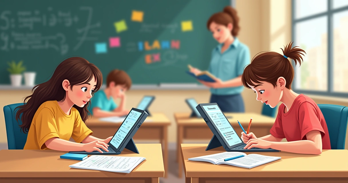 Dois alunos resolvem tarefas diferentes com tablets em uma sala. 