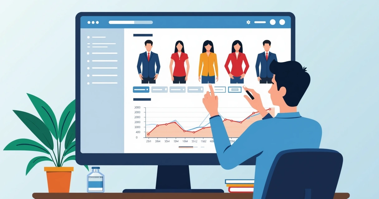 Analista configurando opções de blusa personalizada em software de dados 