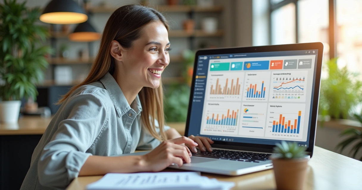Empresária mexe em dashboard customizável no notebook 