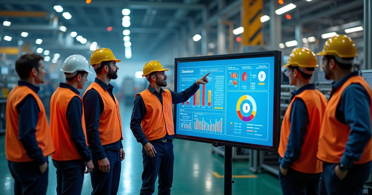Equipe observando dashboard industrial personalizado em telas grandes 
