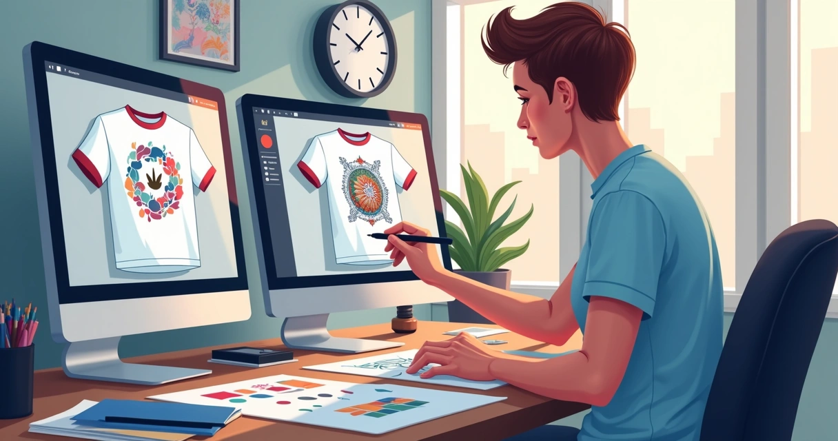 Designer desenhando detalhes em camiseta personalizada