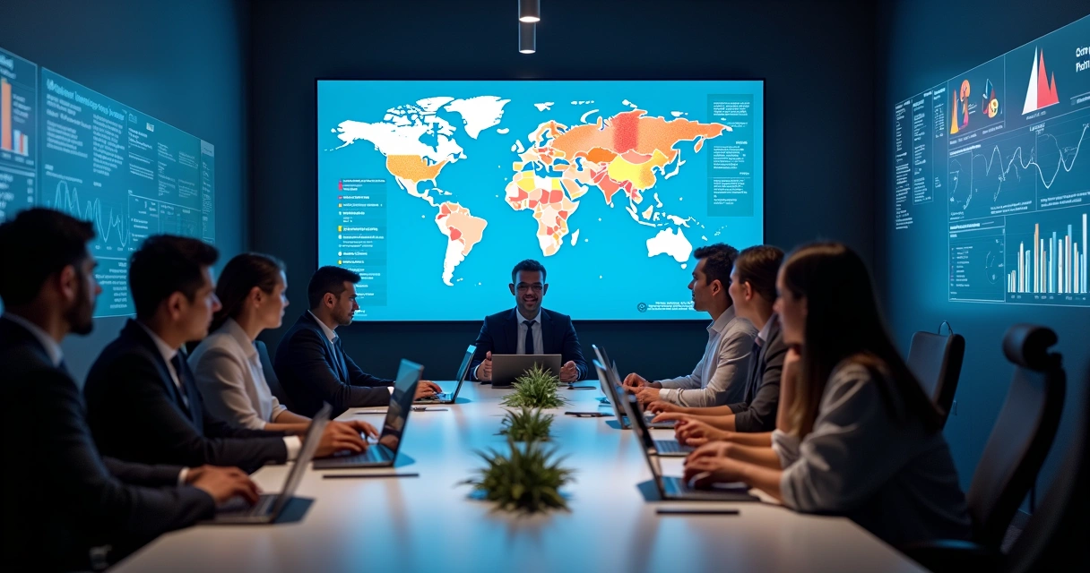 Equipe de marketing analisando dados de clientes em vários dispositivos 