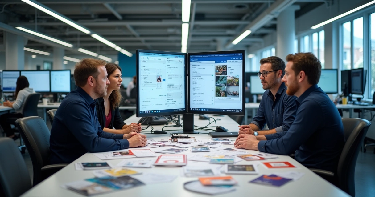Equipe gráfica analisando pedidos de personalização em larga escala, computadores e amostras de impressos sobre a mesa 
