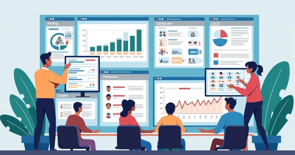 Painel digital de ERP com dashboards personalizados, diferentes gráficos e alertas para múltiplos usuários. 