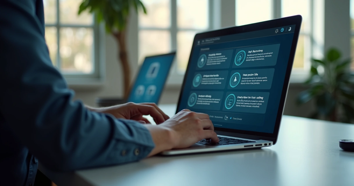 Colaborador usando laptop com IA personalizada sugerindo treinamentos 