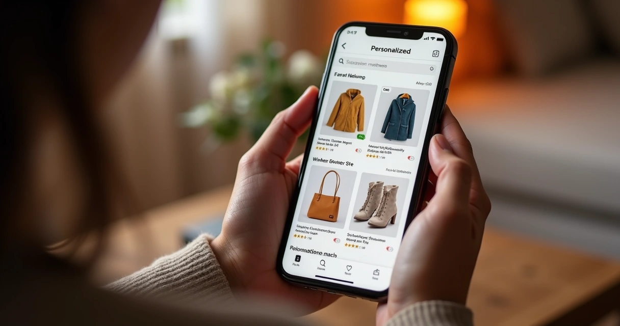 Cliente recebendo recomendações personalizadas em app de compras online 