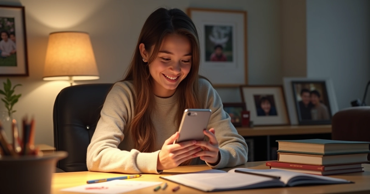 Aluno recebendo uma mensagem personalizada da escola. 