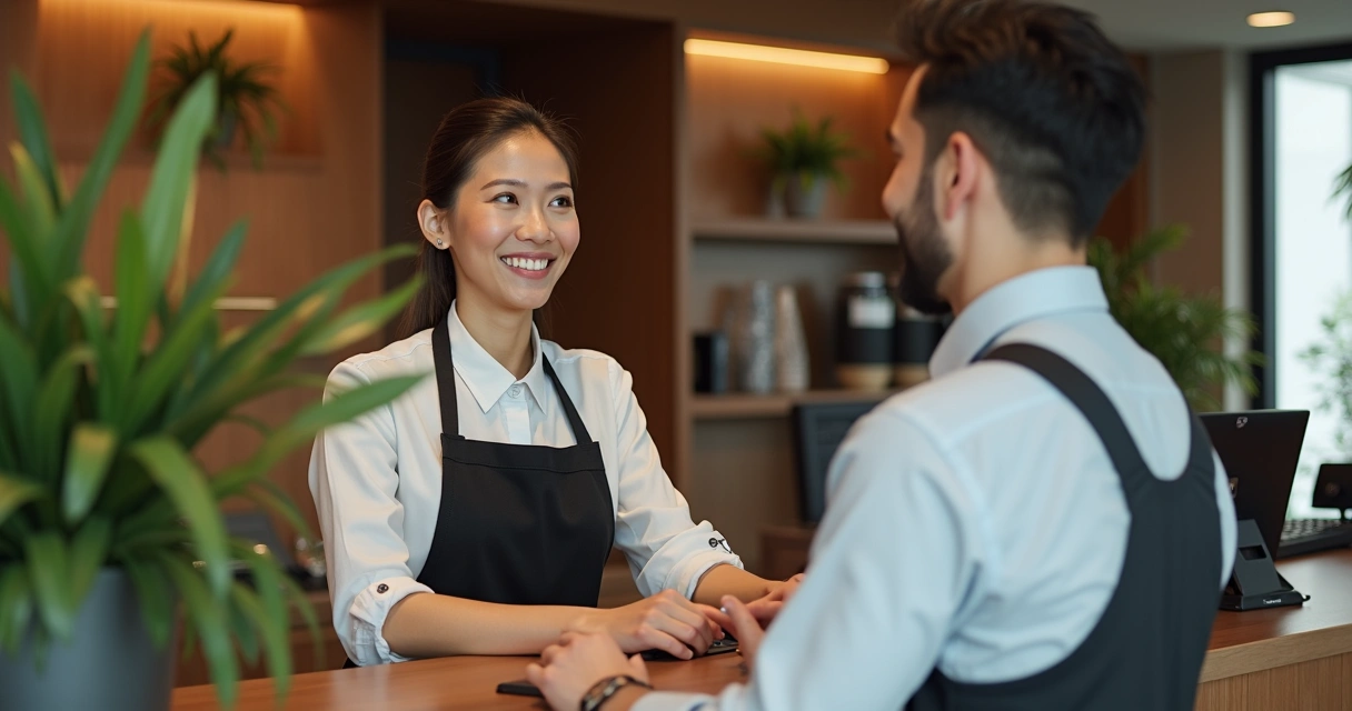 Equipe de hotel oferecendo atendimento personalizado a hóspede na recepção 