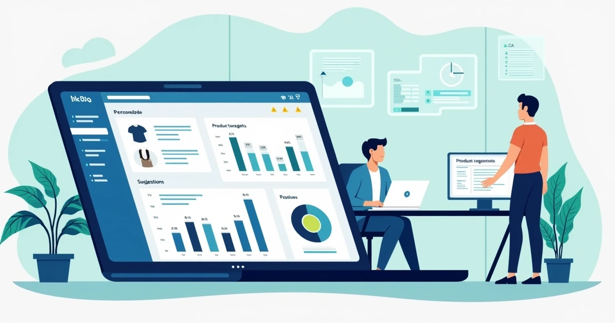 Ilustração de navegação personalizada em loja virtual, com produtos sugeridos e mensagens individuais ao lado de um painel de controle digital. 