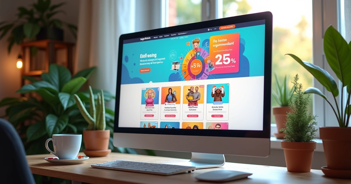 Sessão de e-commerce personalizada com elementos interativos e gamificados na tela do computador 