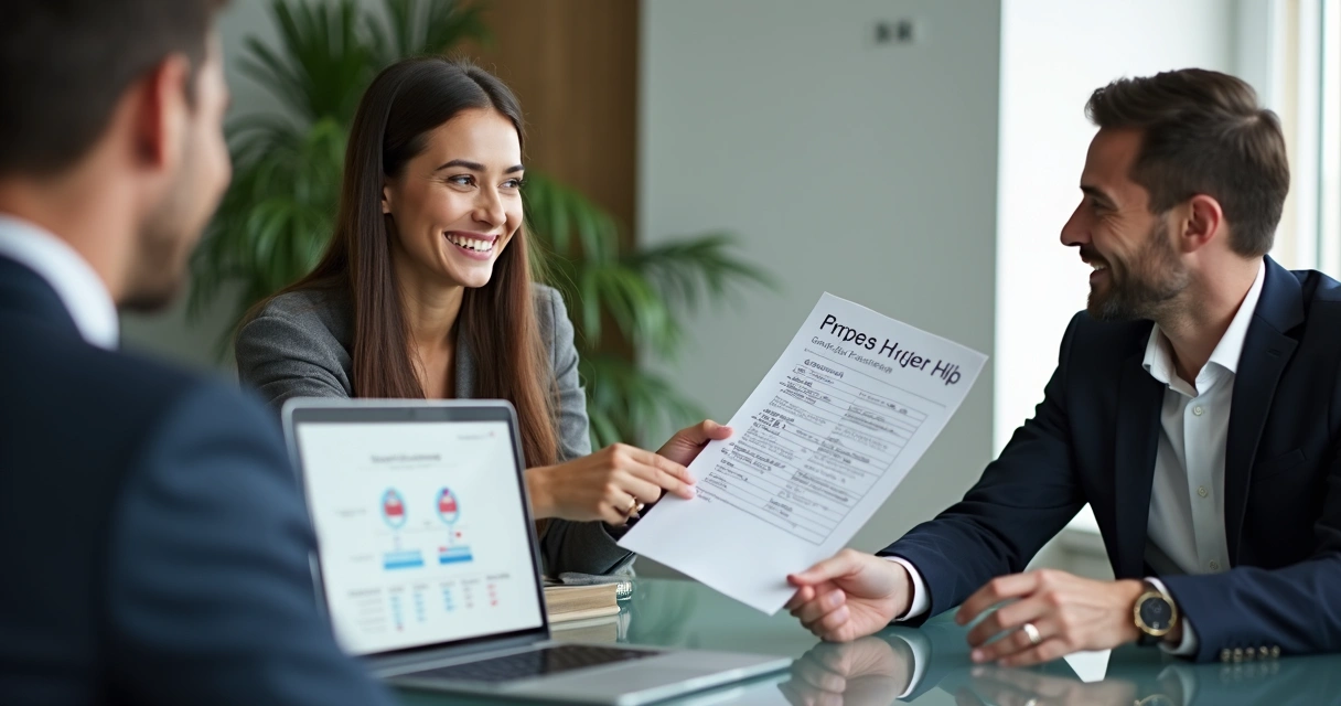 Proposta comercial personalizada sendo entregue a um cliente em reunião presencial. 