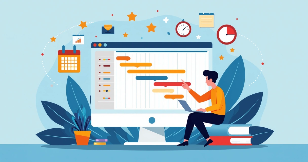 Gráfico de Gantt colorido com diferentes tarefas em destaque
