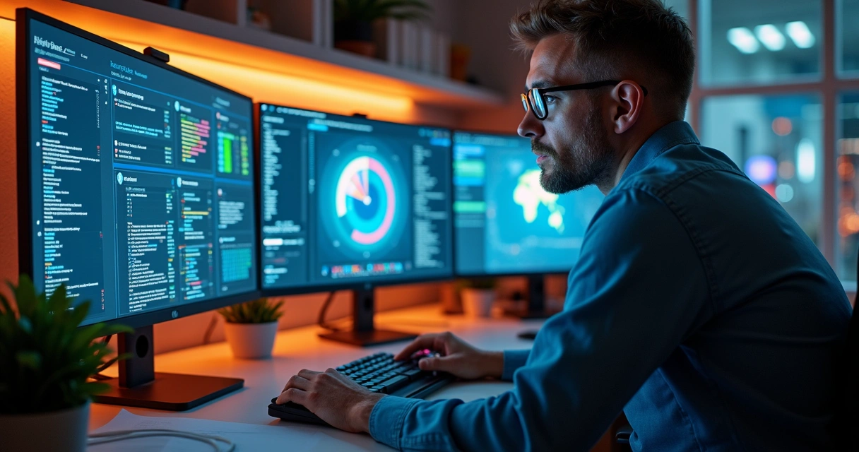 Profissional de TI ajustando interface personalizada de agente de IA 