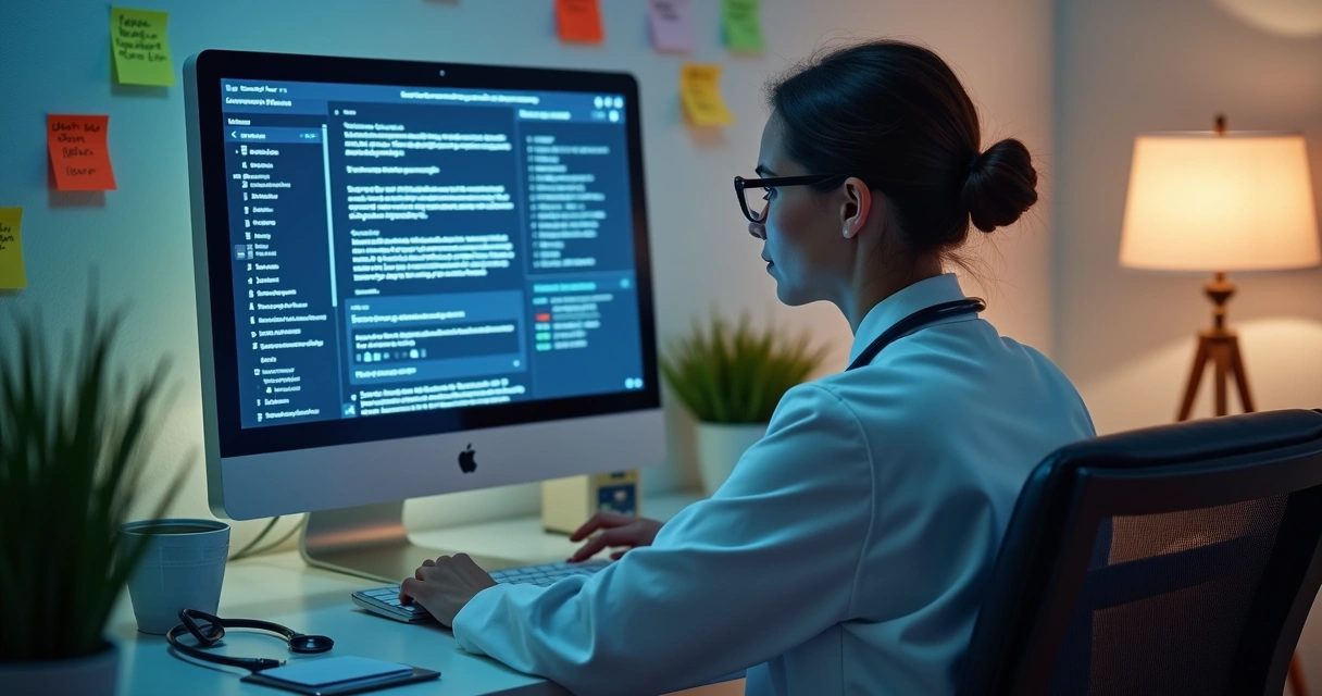 Computador mostra interface de IA treinada com materiais de um médico e criando conteúdo digital personalizado. 