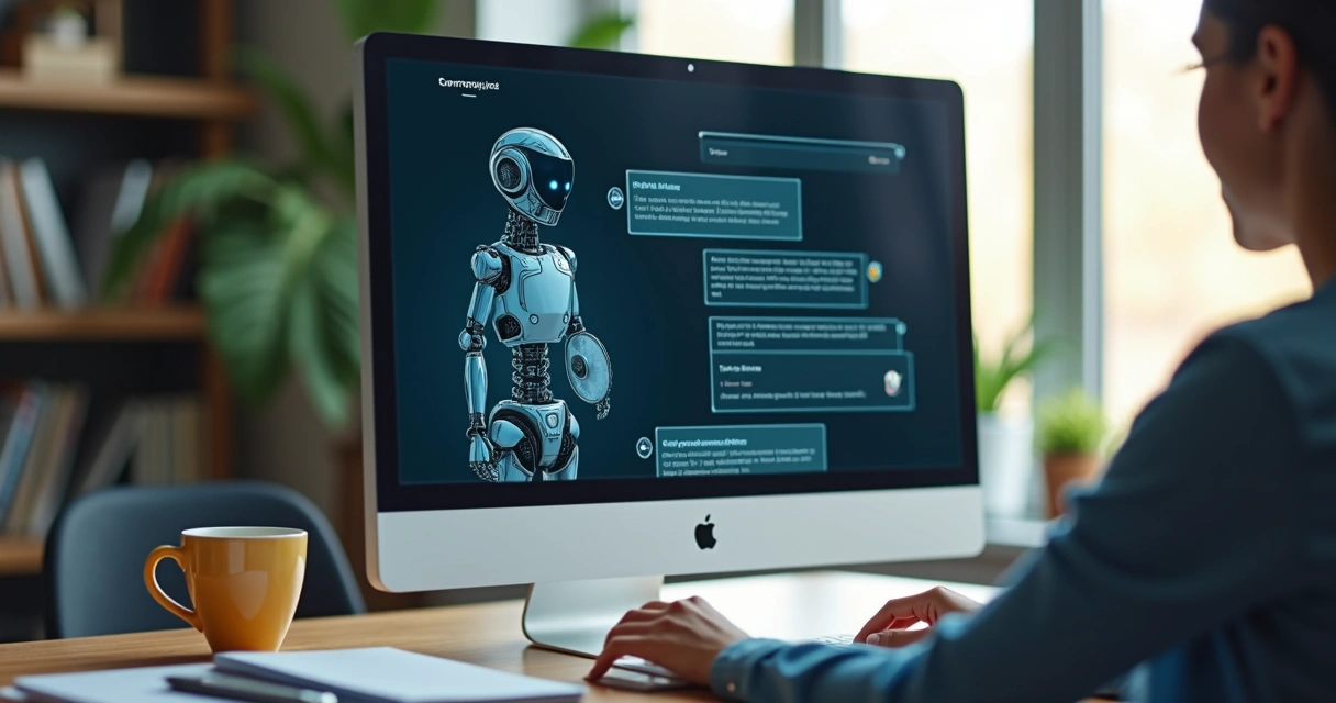 Computador exibindo chatbot personalizado interagindo 